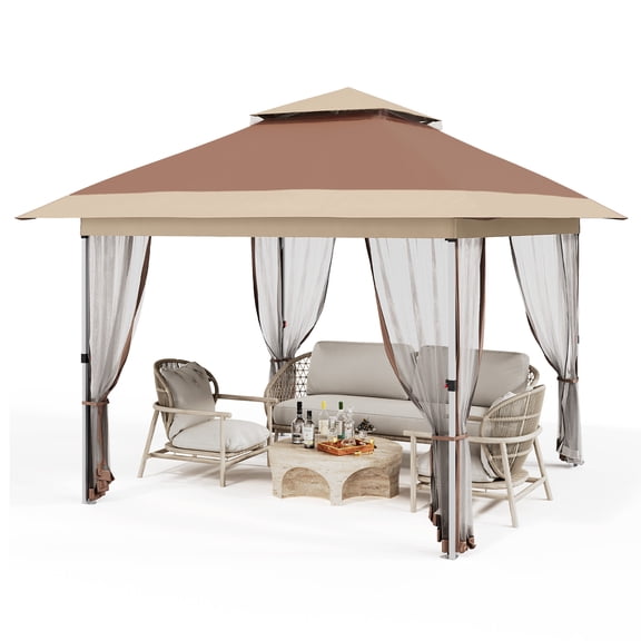 10x10 Folding Gazebo Canopy Tent – Double Vented Roof, Adjustable Height, Mosquito Netting, Curtains, 4 Sandbags, Wheeled Carry Bag – Outdoor Patio, Garden, Backyard Shade Shelter