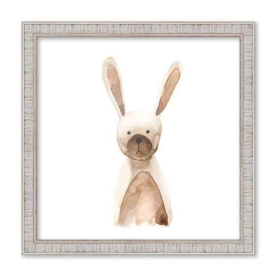 10x10 Framed Nursery Wall Art Watercolor Rabbit Poster in Rustic White Wood Frame For Kid Bedroom