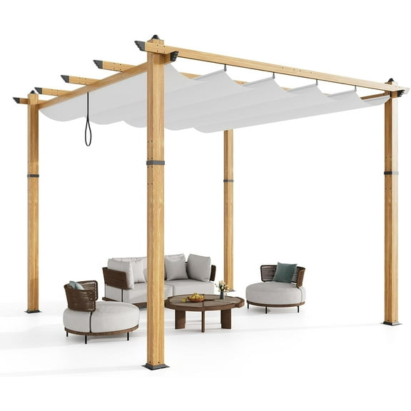 10x10 Ft Aluminum Pergola,Outdoor Metal Gazebo with Adjustable Canopy,Reinforced Frame Outdoor Shelter for Backyard,Patio Lawn and Deck - Wood grain beige