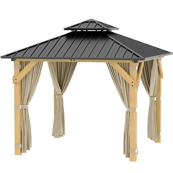 10x10 Ft Hardtop Gazebo with Double Galvanized Steel Roof & Aluminum Frame – Includes Nettings and Curtains for Patio, Backyard, Garden, Deck, or Outdoor Events (Khaki)