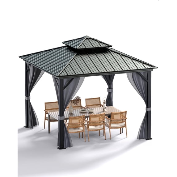 10x10 Ft Hardtop Gazebo for All Weather, with Metal Double Roof, Aluminum Alloy Frame, Net, and Curtain, Heavy Duty Building for Patio, Deck, Backyard, Lawn, and Garden