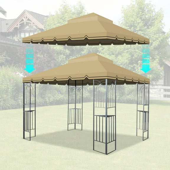 10x10 Ft Outdoor Patio Gazebo Replacement Canopy Double Tiered Gazebo Tent Roof Top Cover Only Greatwall border Frame Not Include-Tan