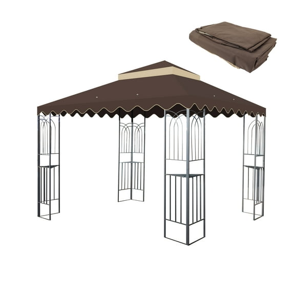 10x10 Ft Outdoor Patio Gazebo Replacement Canopy,Double Tiered Gazebo Tent Roof Top Cover Only wavy border(Frame Not Include)-BROWN
