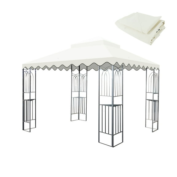 10x10 Ft Outdoor Patio Gazebo Replacement Canopy,Double Tiered Gazebo Tent Roof Top Cover Only wavy border(Frame Not Include)-Beige