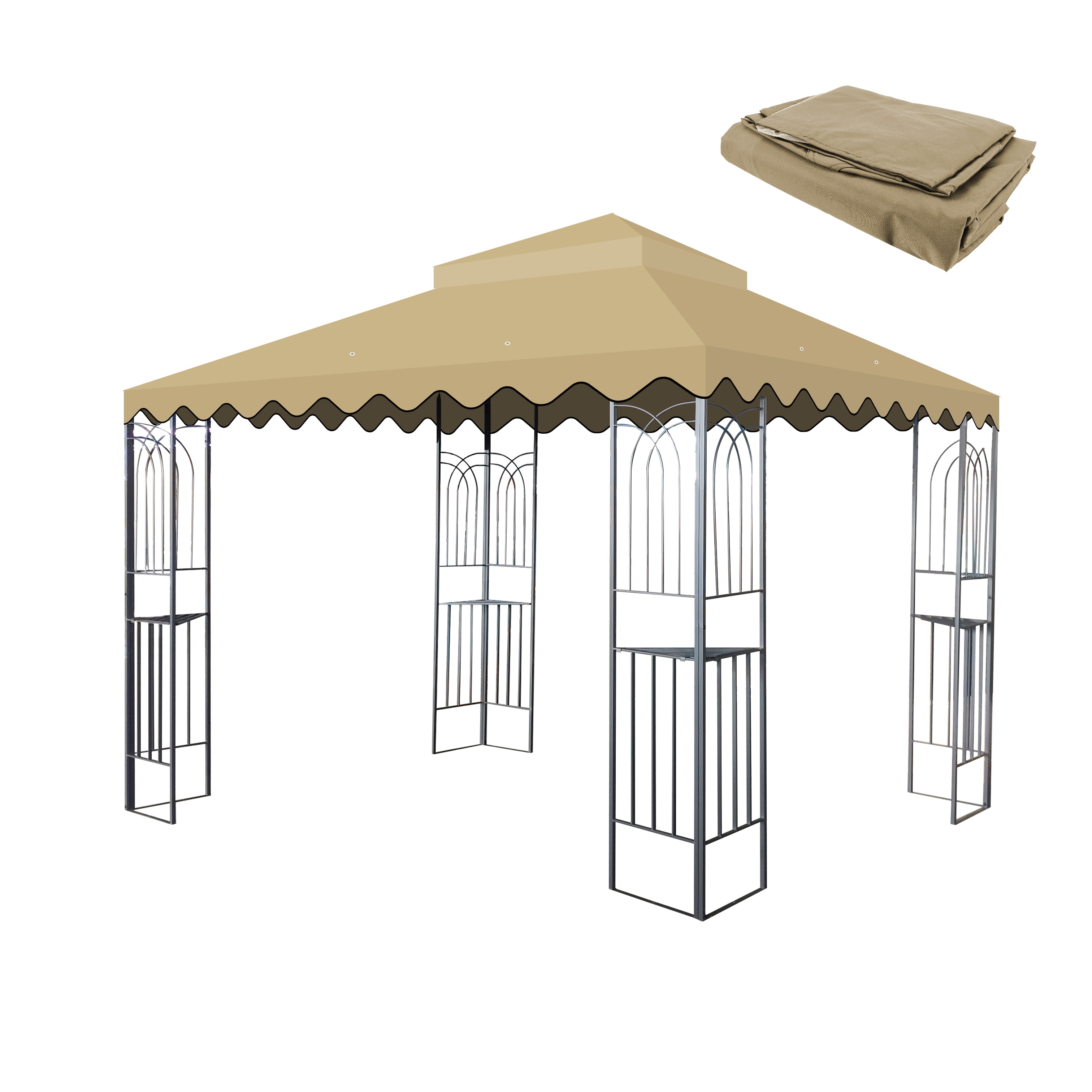 10x10 Ft Outdoor Patio Gazebo Replacement Canopy,Double Tiered Gazebo Tent Roof Top Cover for Outdoor Garden Patio Pavilion Sunshade,Tan