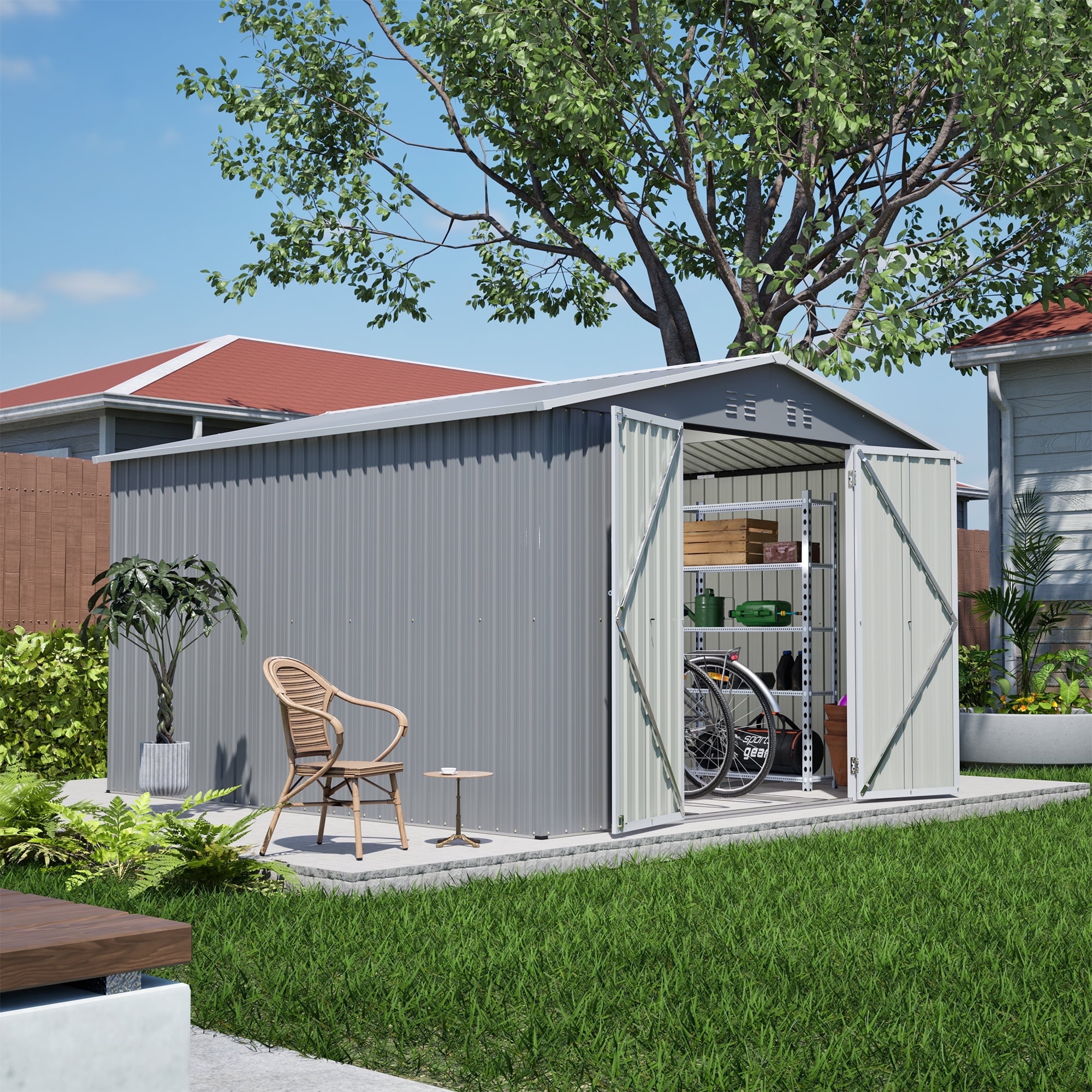 10x10 Ft Outdoor Storage Shed with Floor Frame, Metal Garden Tool Shed with Lockable Doors, Ideal for Backyard Garden Patio Lawn, Grey