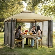 10x10 Ft Patio Gazebo with Mesh Netting Outdoor Canopy for Backyard, Garden, Pool-Side, Beige