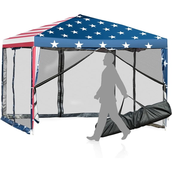 10x10 Ft Pop Up Canopy with Netting, Easy Up Canopy with Mesh Sidewalls, Carrying Bag, Adjustable Height, American Flag Outdoor Canopy with 100 Square Feet of Shade for Backyard, Lawn