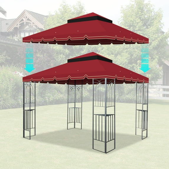10x10 Ft Replacement Canopy for Gazebo with Double Tier Design GreatWall Trim UV Resistant Waterproof Fade Resistant Drain Holes Insect Barrier Red