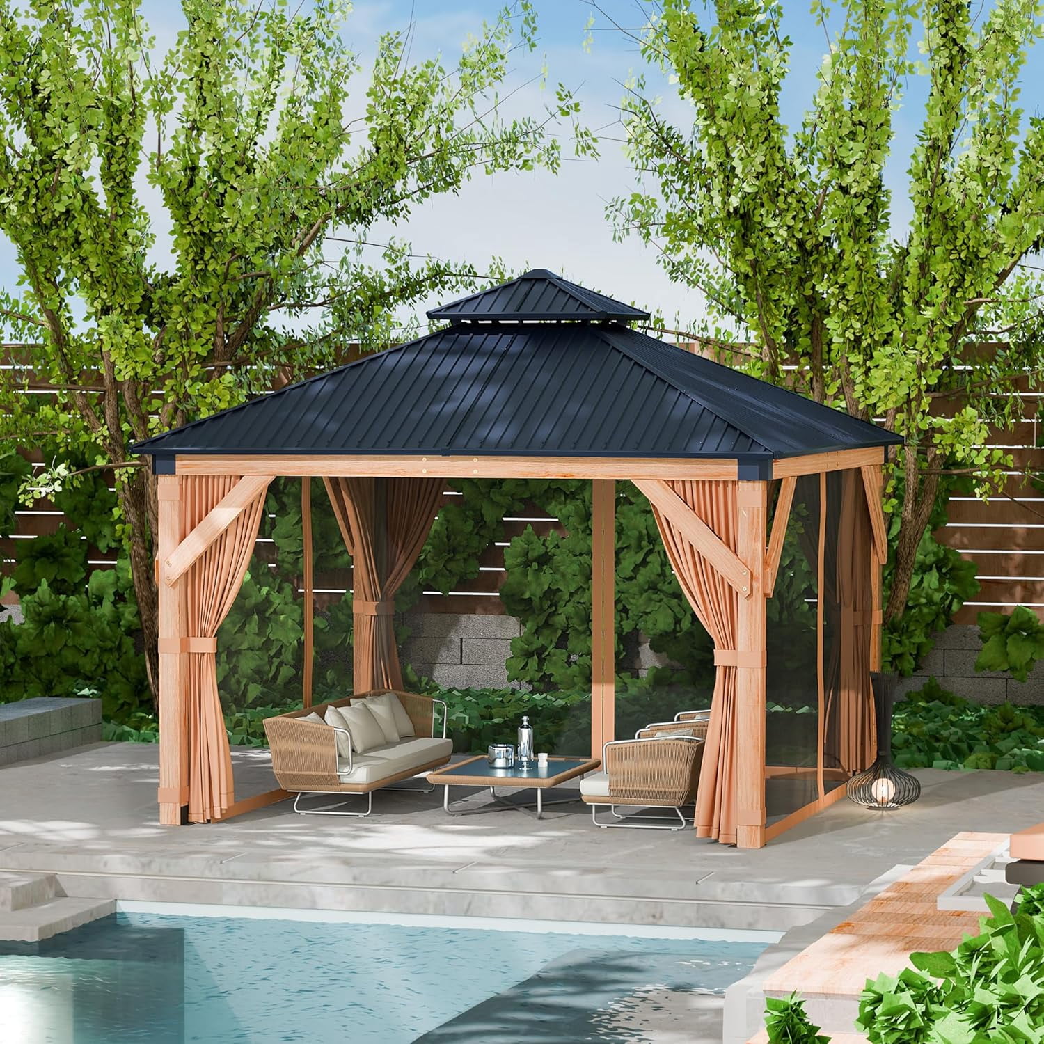 10x10 Ft Wood Gazebo, Upgrade Wooden Frame, Double Galvanized Steel Roof, for Backyard, Patio, Garden and Lawn