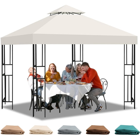 10x10 Gazebo Replacement Canopy, Double Tiered Canopy Cover Top with Ventilation, Heavy Duty 300D Polyester Waterproof Outdoor Gazebo Roof for Patio Garden Yard (Beige, Flat Edge)