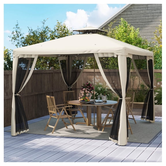 10x10 Gazebo Tent Outdoor Canopy Shelter with Netting, Vented Roof, Steel Frame - Taupe