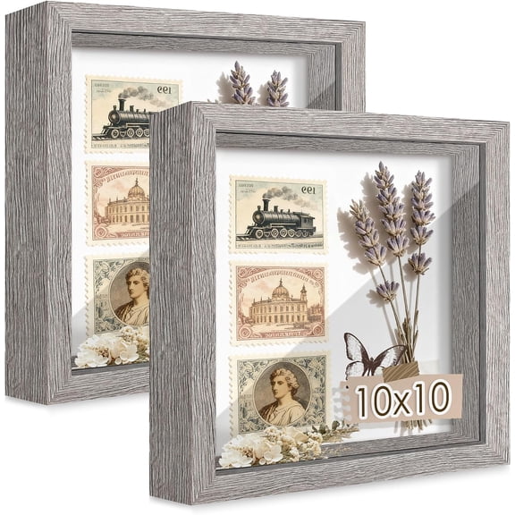 10x10 Gray Wooden Shadow Box Frame, Tempered Glass, 2 Pack | Black Backboard, Tabletop & Vertical/Horizontal Wall Display, Memorabilia Display, Wedding/Baby Keepsakes & Crafts