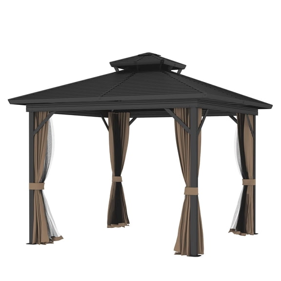 10x10 Hardtop Gazebo Aluminum Frame Metal Roof w/Curtains Dark Brown Outdoor Patio Canopy