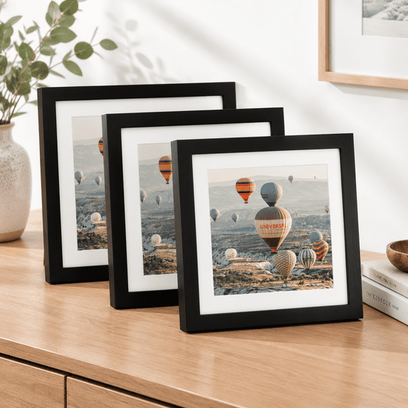 10x10 Inch Black Wood Picture Frames 3 Pack, Fits 8x8 with Mat or 10x10 ...