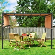 10x10 Outdoor Pergola Canopy Garden Retractable Pergola Steel Frame Patio Gazebo with Solar Powered Led Kit for BBQ, Party, Beach Tan