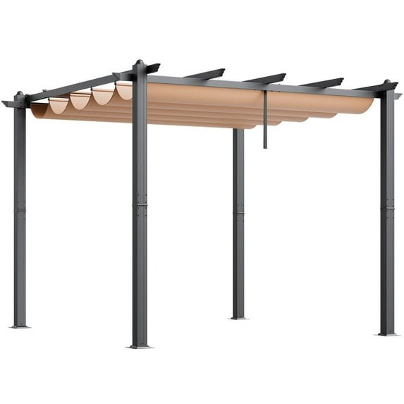 Adjustable 10'x10' Retractable Pergola with Sun Shade Canopy, Aluminum Outdoor Structure in Beige