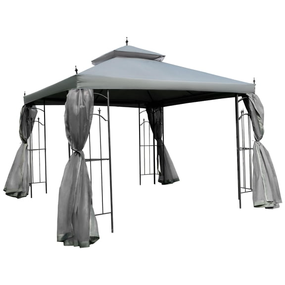 10x10 Patio Gazebo with Corner Shelves, Double Roof Canopy Shelter with Netting for Outdoor Events, Gray