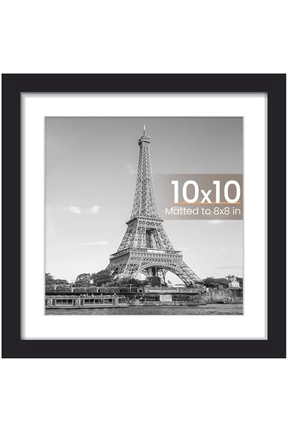 10x10 Picture Frame, Display Pictures 8x8 with Mat or 10 x 10 Without, Wall Hanging Square Frames, Black, 1 Pack