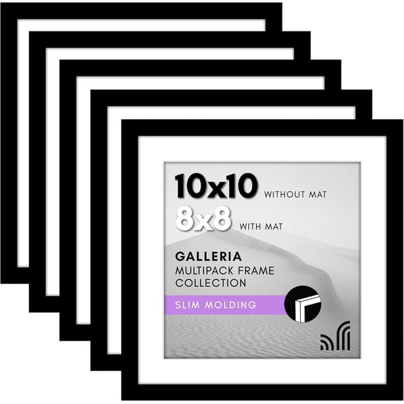 10x10 Picture Frame with Polished Plexiglass - Set of 5 - Use as 8x8 Frame with Mat or Display 10x10 Photo Without Mat - Galleria Collection - Square Frames for Tabletop or Wall - Black