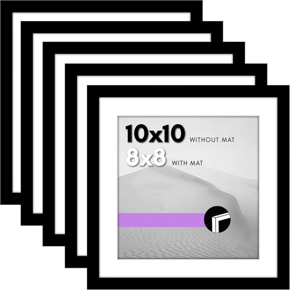 10x10 Picture Frame with Polished Plexiglass - Set of 5 - Use as 8x8 Frame with Mat or Display 10x10 Photo Without Mat - Square Frames for Tabletop or Wall - Black