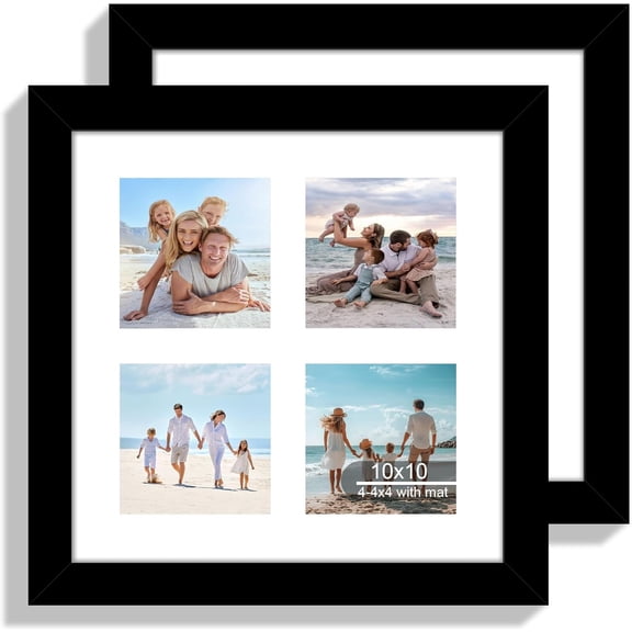 10x10 Picture Frame Set of 2, Real Glass and Black Collage Frame, Display Pictures Four Opening 4x4 With Mat or 10 x 10 Without Mat for Wall Hanging or Tabletop
