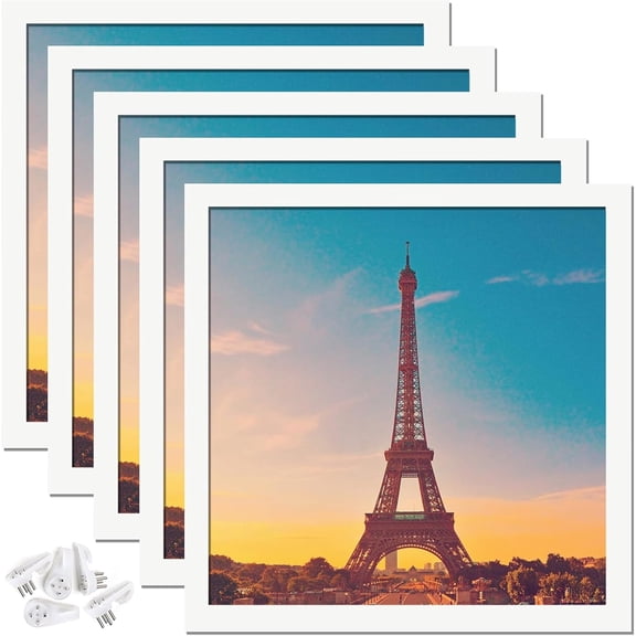 10x10 Picture Frame Set of 5, White Square Photo Frames High Transparent Wall Gallery Desktop Horizontal Vertical for Canvas Collage Photo Poster Certificate 10 x 10 inches