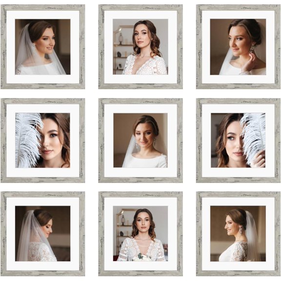 10x10 Picture Frame Set of 9, Display Pictures 8x8 with Mat or 10x10 without Mat, Multi Collage Gallery Square Photo Frames for Wall or Tabletop, Distressed Gray