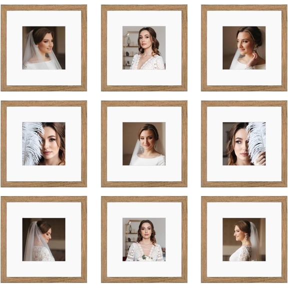 10x10 Picture Frame Set of 9, Display Pictures 8x8 with Mat or 10x10 without Mat, Multi Collage Gallery Square Photo Frames for Wall or Tabletop,Light Brown