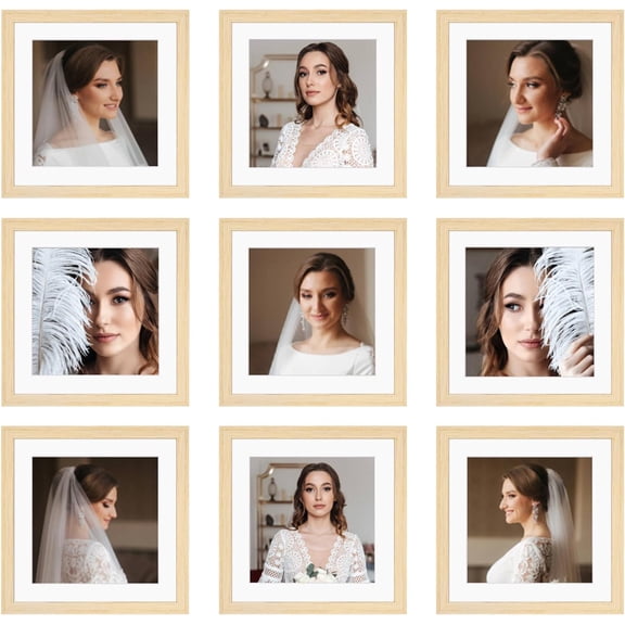 10x10 Picture Frame Set of 9, Display Pictures 8x8 with Mat or 10x10 without Mat, Multi Collage Gallery Square Photo Frames for Wall or Tabletop, Natural Wood