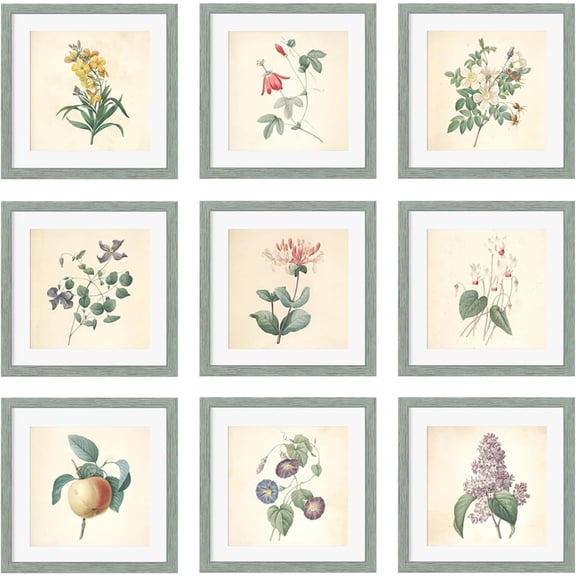 10x10 Picture Frame Set of 9, Display Pictures 8x8 with Mat or 10x10 without Mat, Multi Collage Gallery Square Photo Frames for Wall or Tabletop, Rustic Green