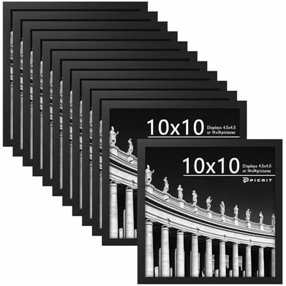 10x10 Picture Frame Set of 12, Display 5x5 with Mat or 10x10 without Mat, Photo Frames for Wall Mounting Display, Black
