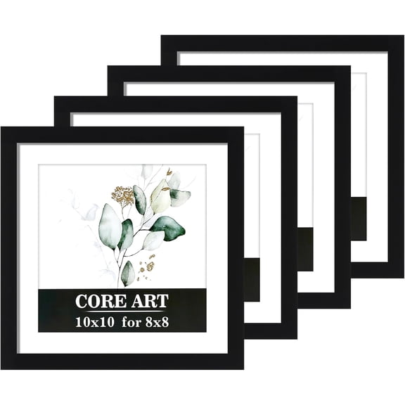 10x10 Picture Frame Set of 4, Display Pictures 8x8 with Mat or 10 x 10 without Mat, Multi Photo Frames Collage for Wall or Tabletop Display, Black