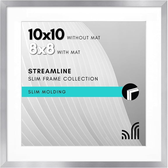 10x10 Picture Frame with Shatter-Resistant Glass - Use as 8x8 Frame with Mat or Display 10x10 Photo Without Mat - Streamline Collection - Square Frames for Tabletop or Wall - Silver