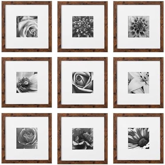 10x10 Picture Frames Set of 9 Classic Gallery Wall Frame Set Displays 5x5 Photo with Mat or 10x10 without Mat, Square Picture Frames Collage Wall Decor, Rustic Brown Modern Home Decor for
