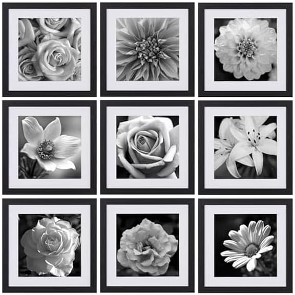 10x10 Picture Frames Set of 9 with Mat for 8x8 Photos or without Mat for 10x10, Square Gallery Wall Decor Collage for Picture Display, Black Frame Set for Wall Hanging