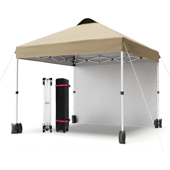 10x10 Pop Up Canopy with 1 Sidewall, Outdoor Canopy Tent, Easy Set Up Beach Tent with Vented Top Portable Roller Bag 4 Sandbags 4 Ropes and 8 Stakes, Height Adjustable, Khaki