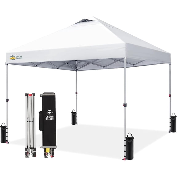 10x10 Pop Up Canopy - Beach Tent with One Push Setup - Easy Outdoor Sun Shade for Events, Parties, Camping - Gazebo with STO-N-Go Cover Bag, Silver Coated Top, Grid White