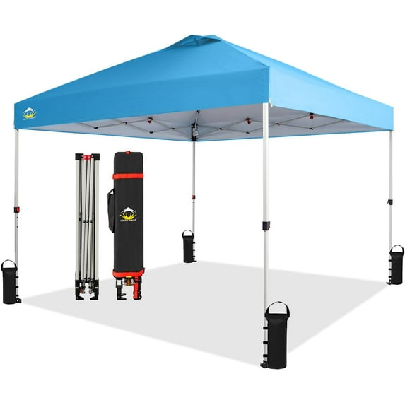 10x10 Pop Up Canopy - Beach Tent with One Push Setup - Easy Outdoor Sun Shade for Events, Parties, Camping - Gazebo with STO-N-Go Cover Bag, Silver Coated Top, Red