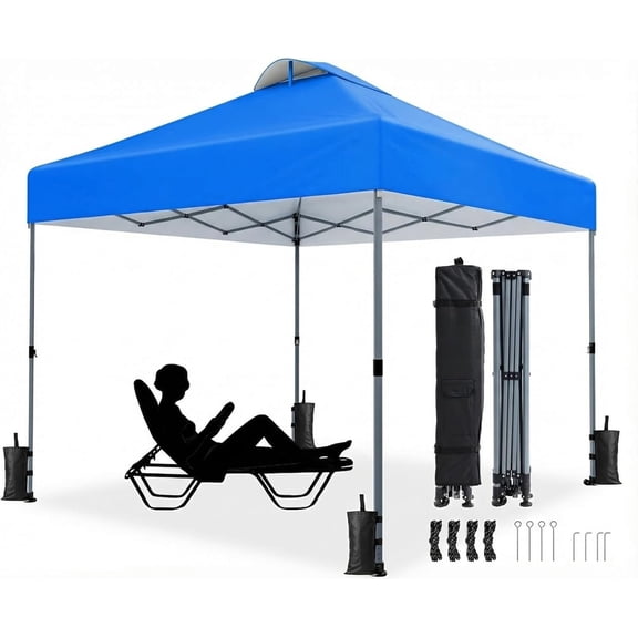 10x10 Pop Up Canopy Tent, 1-Button Push Easy-up Outdoor Canopy Beach Tent with 3-Height Adjustable Shade Shelter, Wheeled STO-N-Go Bag 8 Stakes, 4 SandBags (Blue)