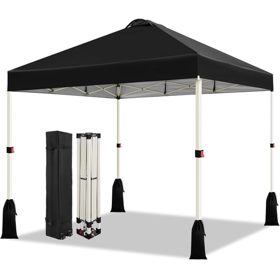 10x10 Pop Up Canopy Tent, 1-Button Push Setup Canopy Tent, Adjustable Height Instant Portable Shelter, Portable Roller Bag, Easy Outdoor Sun Shade for Events, 4 Weight Bags, Black