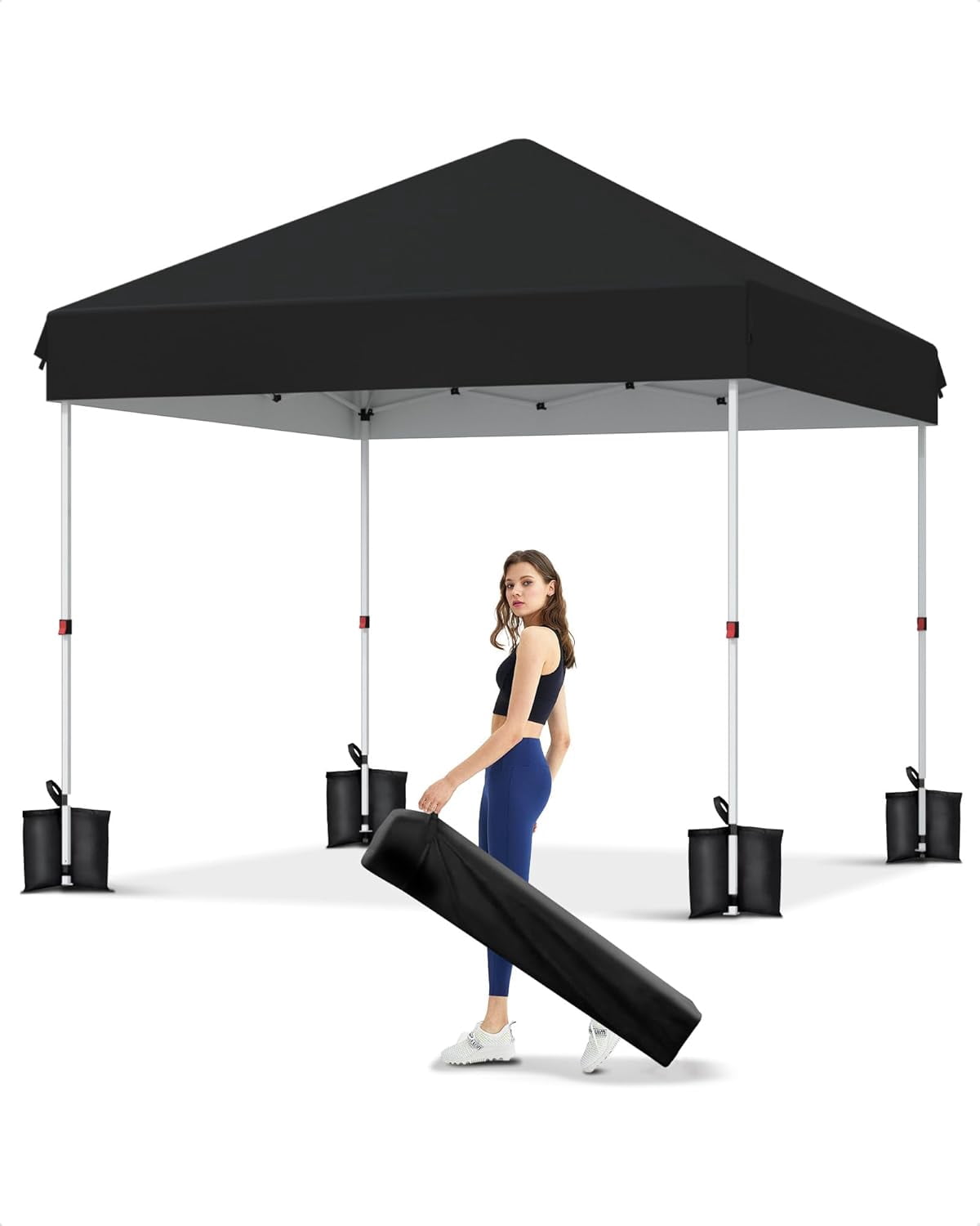 10x10 Pop Up Canopy Tent, Outdoor Tent with 3 Adjustable Height, Easy Set Up Canopy with 4 Sandbags & Carrying Bag for Camping, Parties, Outdoor Events -Black