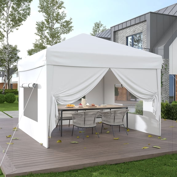 10x10 Pop Up Canopy Tent with 4 Sidewalls, 3 Adjustable Heights Outdoor Sun Shade with 4 Sandbags & Carry Bag for Camping Party Outdoor Events, White