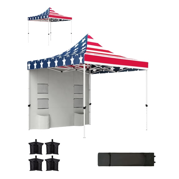 10x10 Pop Up Canopy Tent with Sidewall, UPF50+ Sun Shelter, American Flag, Storage Pockets