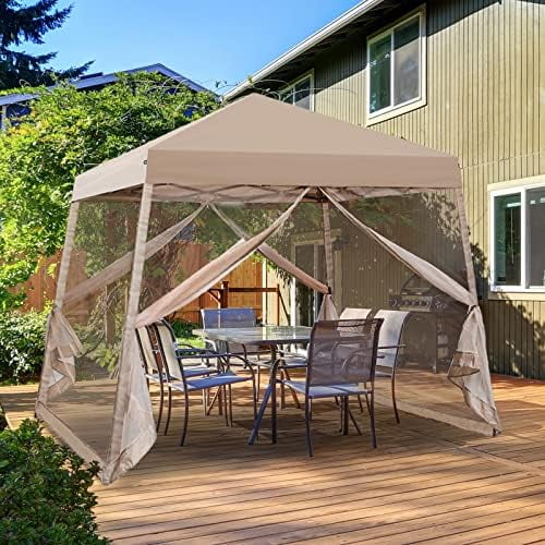10x10 Slant Leg Easy Setup Pop Up Canopy Tent with Mosquito Netting 64 sqft of Shade, Beige