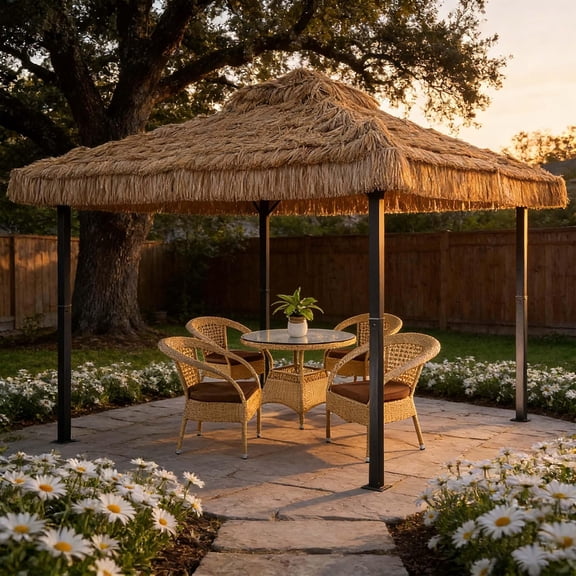 10x10 Thatched Tiki Bar Gazebo, Patio Gazebo w/Straw Thatch Roofing, Hawaiian Style Canopy Tent for Courtyards, Exhibitions, Camping, Bar, Khaki