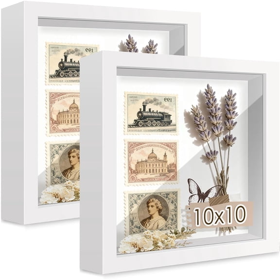 10x10 White Wooden Shadow Box Frame, Tempered Glass, 2 Pack | Black Backboard, Tabletop & Vertical/Horizontal Wall Display, Memorabilia Display, Wedding/Baby Keepsakes & Crafts