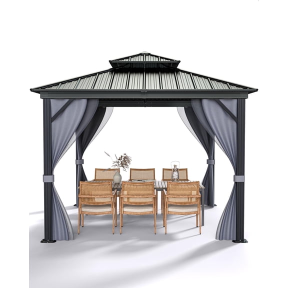 10x10 ft Aluminum Hardtop Gazebo with Galvanized Steel Double Roof, Outdoor Pavilion with Khaki Curtains & Netting for Patio