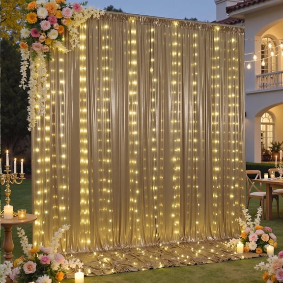 10x10 ft Champagne Sequin Backdrop Curtain with Lights for Parties, Wrinkle Free Glitter Photo Backdrop Drapes Shimmer Drop Cloth for Wedding Birthday Photography Background