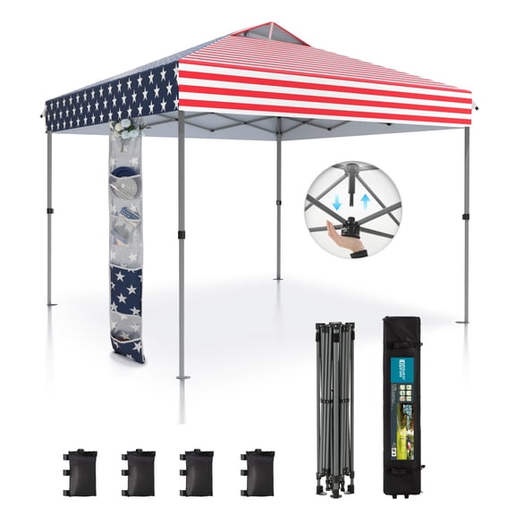 10x10 ft Heavy Duty Pop Up Canopy Tent, One Person Quick Setup, Outdoor Shelter with 4 Sandbags, Guy Ropes, Roller Bag, Storage Bag, 8 Stakes, UPF50+,Flag